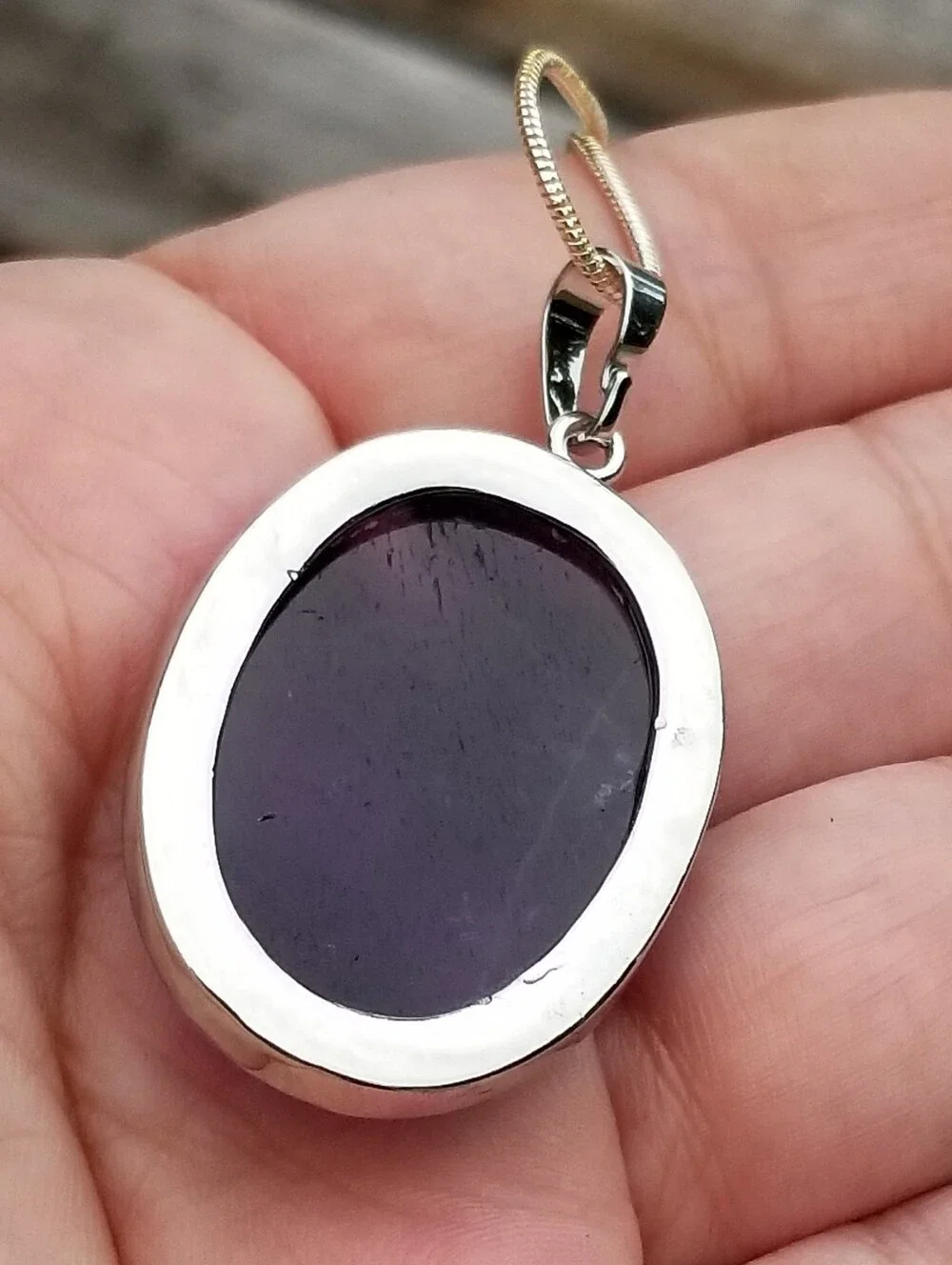Sterling Silver Large Oval Amethyst Cabochon Pendant Necklace, Amethyst Jewelry